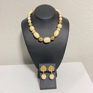 Vintage Resin Bead Necklace & Earrings Set – Ivory-Tone & Gold Accents Boho